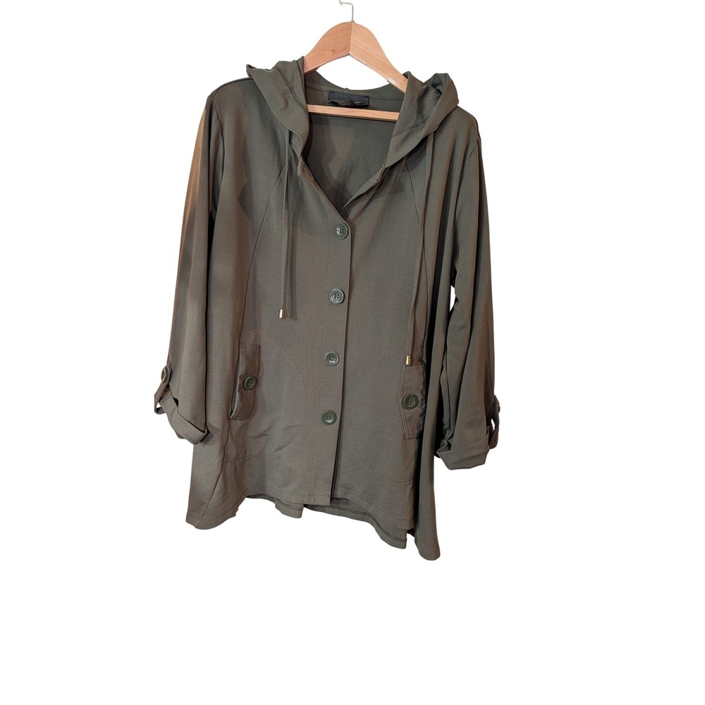Christian Siriano New York Olive Green Hooded Button Front Jacket Womens 1X